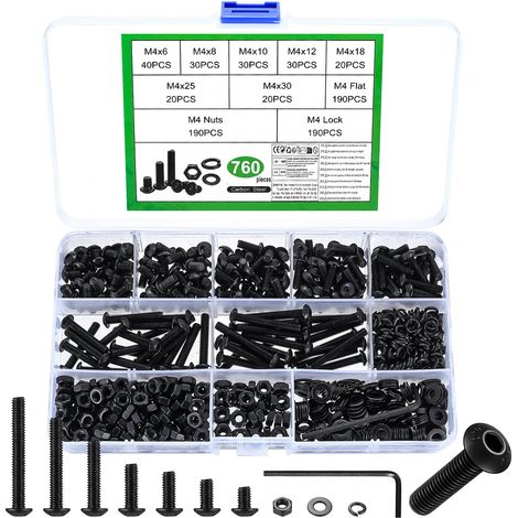 Lot de 760 vis M4 à six pans creux - Assortiment de vis à tête bombée avec rondelles - Vis à tête ronde - Noir (1/5)