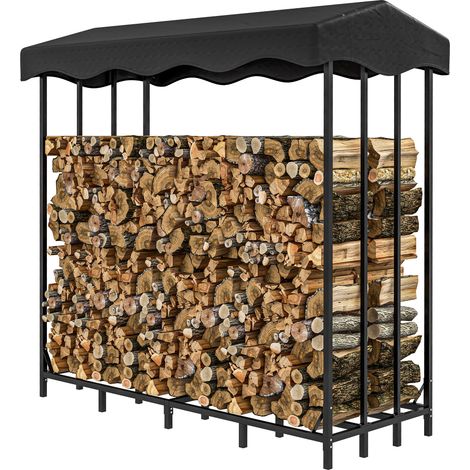 Porte-bûches d’avec couvercle, hangar à bois extérieur, métal renforcé, de chauffage, noir, capacité de 2000 kg, 185 x 90 x 185 cm (1/5)