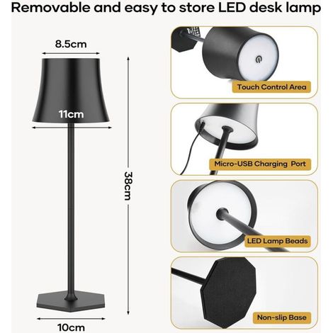 Lampada da tavolo a LED ricaricabile e senza fili con controllo touch. Batteria da 4000 mAh, ricarica USB, impermeabile IP54. Può essere utilizzata su scrivania, comodino, in camera da letto, all'aper (1/3)