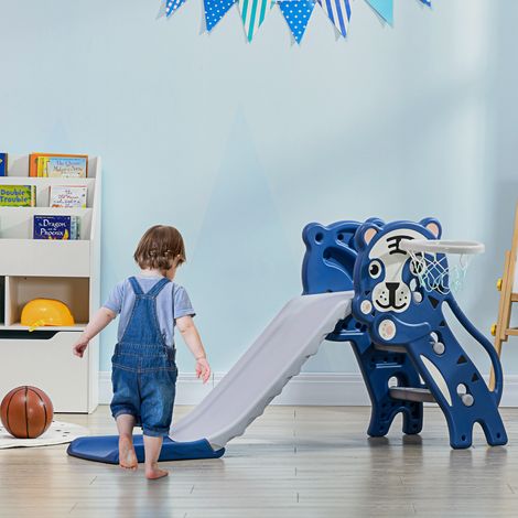 Rutsche für Kinder von 18 bis 36 Monaten mit 2 Leitern, 1 Basketballkorb und Tigermotiv, 133 x 60 x 70 cm, blau und grau