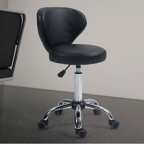 Tabouret de travail pivotant 360° réglable en hauteur avec dossier ergonomique, assise rembourrée en cuir régénéré noir et roulettes, CHICFURN (1/5)