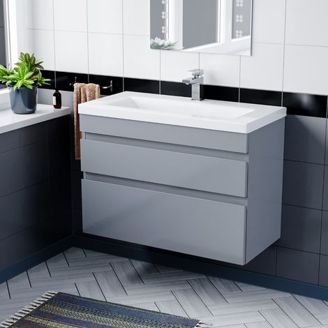 COT Minimalist 800mm Wall Hung Grey Basin Vanity Cabinet Unit 2 Drawers (1/5)