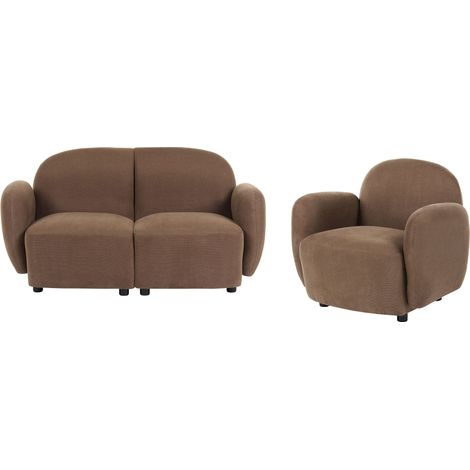 3 Seater Living Room Set Brown Fabric Upholstery Plastic Legs Rounded Backrest and Armrests Retro Style Living Room Sofa Armchair Water-Repellent JULE (1/5)