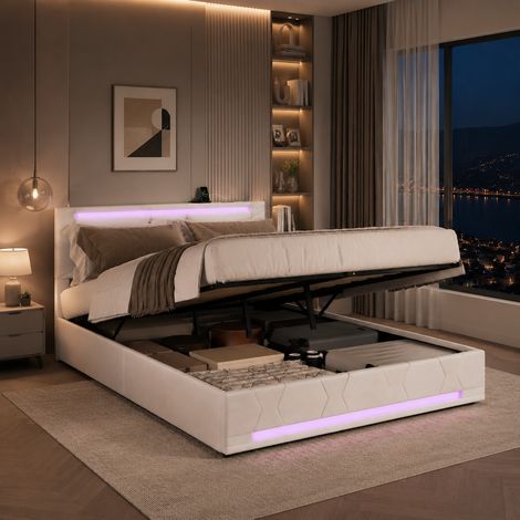 Lit capitonné 140×190 cm, lit coffre avec lumière LED et port USB, lit double avec tête de lit réglable, sommier à lattes, lit adulte，lit ados, Lin, Beige