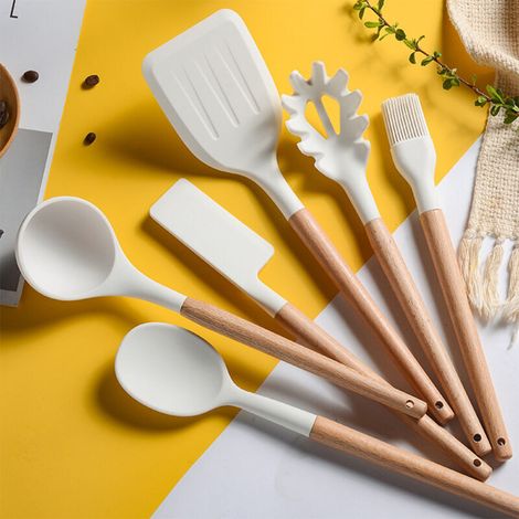 Ulisem 10 Pièces Kit Ustensiles de Cuisine, Set de Couverts de Cuisine, Poignée en Bois, Résistant à la Chaleur, Sains et Antiadhésifs, Passent au Lave-Vaisselle(Blanc) (1/3)