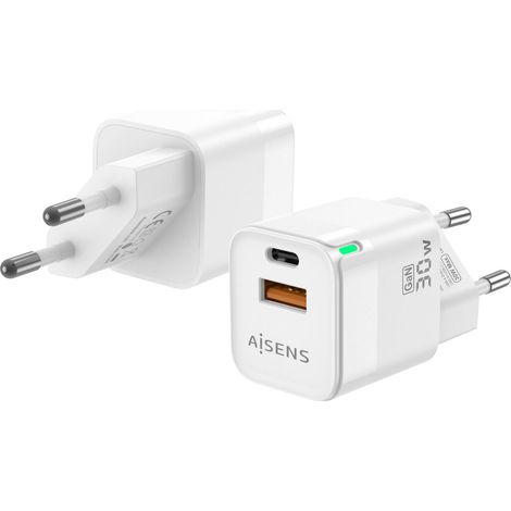 Cargador Gan de Pared Aisens ASCH-30W2P004-W/ 1xUSB Tipo-C/ 1xUSB/ 30W (1/2)