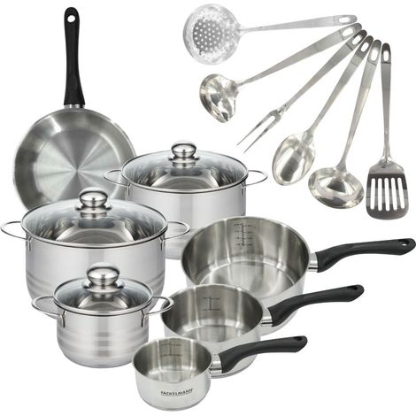 Set 1 poêle 20 cm 3 casseroles 12 16 20 cm, 3 faitouts 16, 20 et 24 cm en inox et 6 ustensiles inox Fackelmann Geneva (1/5)