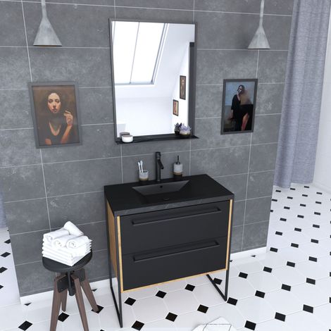 Mobile da bagno 80x50 cm rovere scuro - 2 cassetti nero opaco - lavabo in resina nero effetto pietra