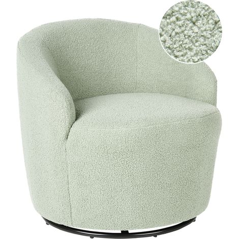 Sillón respaldo curvo glamour art deco bouclé vellón base negra giratoria 360° verde claro Davik