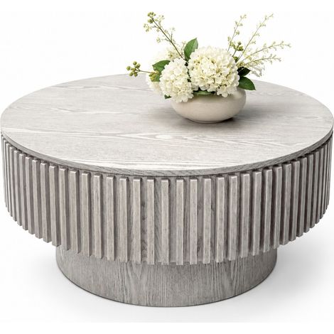 ELVMI Runder Couchtisch mit verborgenem Stauraum, aus MDF und Massivholzfurnier, für Wohnzimmer, 75 cm, Retro-Weiß (1/5)