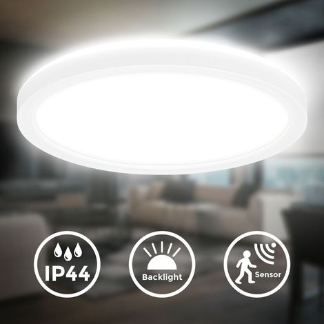 B.K.Licht Plafonnier LED, détecteur de mouvement, lumière indirecte, protection contre les éclaboussures, plat, blanc, Ø24 x 3 cm (1/5)