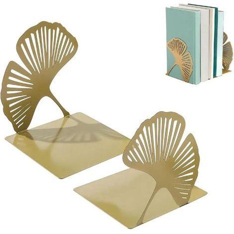 Longziming – Buchstützen aus Metall – 2er-Set – Robustes und stabiles Ginkgo-Design – Dekorativ und langlebig für Regale und Schreibtische – Khaki (1/5)