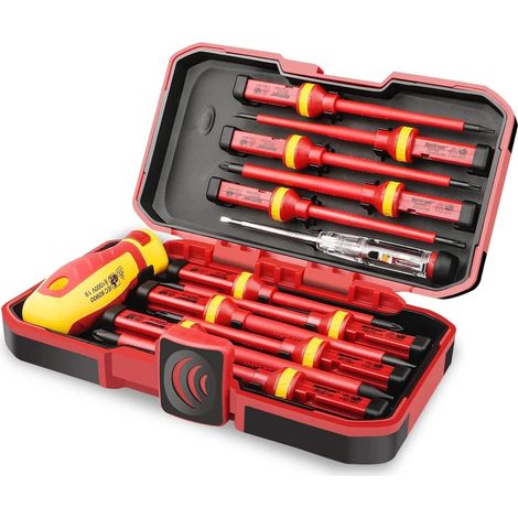13 Pcs Trousse Isolé de Tournevis Electricien, V Haute Tension 1000v Magnétique Fente Torx Tournevis Outil manuel, Kit D'outils de Réparation D'électricien (1/5)