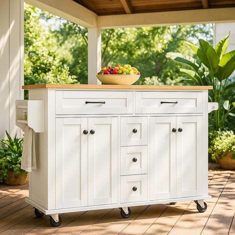 URBAN MEUBLE Tables d'extérieur - Îlot Mobile Blanc et Bois Naturel avec Plateau Extensible, Rangement Intégré et Roulettes Silencieuses (1/5)