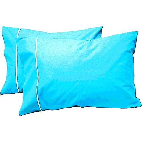 Lot de 2 taies d'oreiller passepoilées, 60 cm x 70 cm, bleu turquoise/blanc, 100 % coton, double face (1/4)