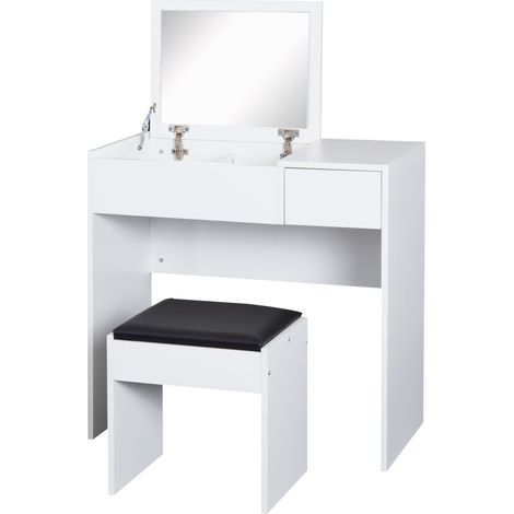 Coiffeuse avec tabouret, table de maquillage avec miroir, plateau rabattable et rangements, 80 x 40 x 79 cm et 40 x 30 x 40 cm (1/5)