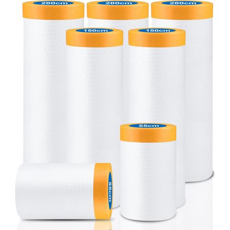 140m-7 Rouleaux Bache de Protection Peinture,Masking Master Avec Bâche De Protection En Plastique,3 Tailles de Film Avec Ruban,2.8x20M, 1.5x20M, 0.55x20M (140m/3Sizes)