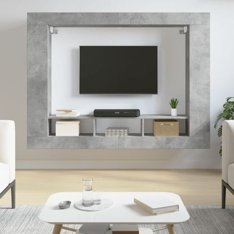 Vidaxl – Meuble TV flottant en bois d'ingénierie gris béton 152x22x113 cm – Grand espace de rangement – Fixation murale – Étagères décoratives (1/5)