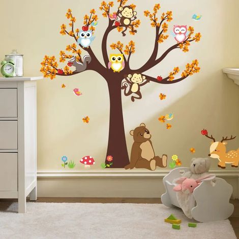 Autocollants muraux animaux cartoon forêt hibou singe ours arbre, décalcomanies murales amovibles décoration chambre enfant bébé (1/4)
