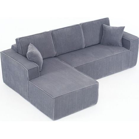 Canapé d'Angle 2 Places en Velours Côtelé gris avec Chaiselongue, mousse haute densité, Angle L compressé, corduroy gris et 2 colis (1/5)