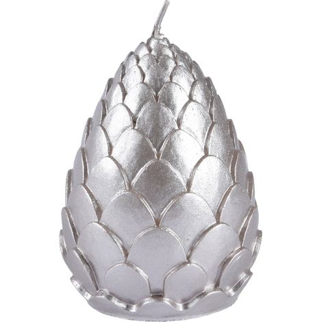 Candela decorativa a forma di pigna in cera colore argento metallico