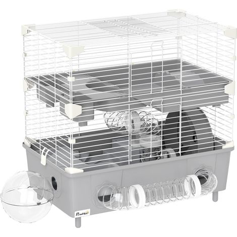 Cage pour hamster nain 2 étages avec roue d'exercice et bain de sable, 44,5 x 28 x 44 cm, gris (1/5)