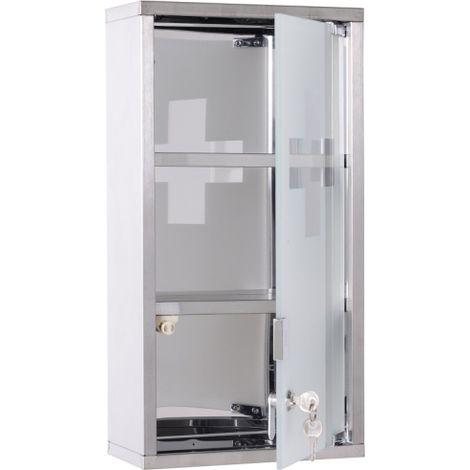 Stainless Steel Wall-Mounted Medicine Cabinet with 2 Shelves and Lockable Security Glass Door, 48 cm Height, Ideal for Bathroom Storage Solutions