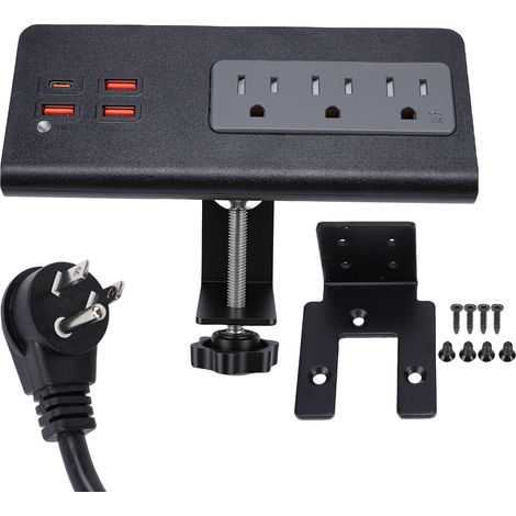 Multipresa da tavolo con morsetto, 15 A, 1875 W, 3 prese CA, 1 porta USB-A, 1 porta USB-C, protezione da sovratensione PD20 W, design a montaggio laterale, ideale per uso domestico e alberghiero. Spin (1/5)