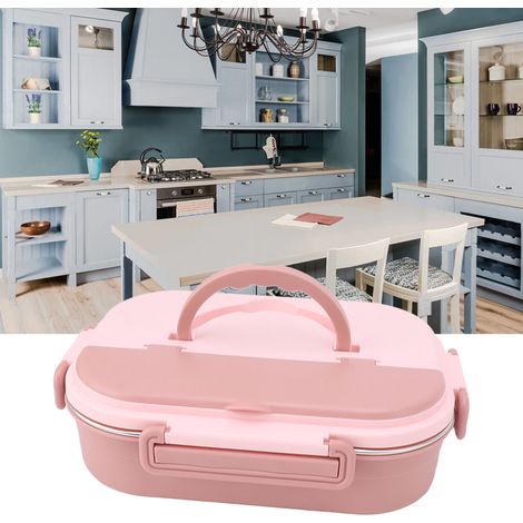 Boîte à lunch isotherme rose corail à quatre compartiments avec couverts, en acier inoxydable 304. Convient aux employés de bureau, aux enfants et aux étudiants. Compatible micro-ondes, portable et ré