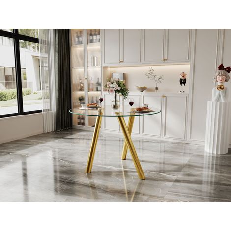 Table à manger ronde en verre trempé avec pieds en métal doré, design épuré, facile à nettoyer (1/5)