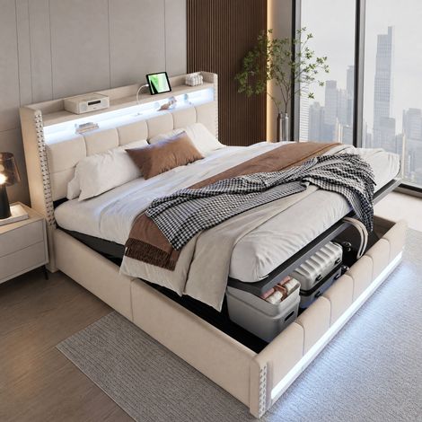 Polsterbett 180x200 cm beige in Leinenstoff mit LED, USB-Anschluss und Stauraum (1/5)