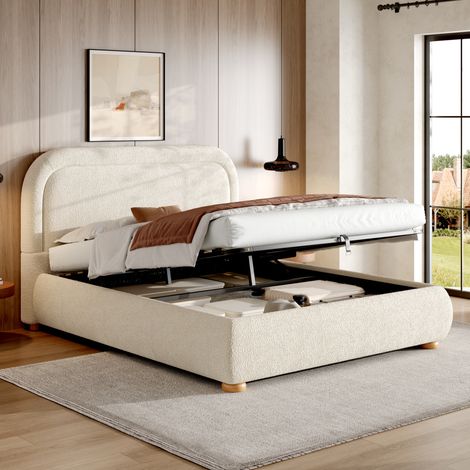Cama con espacio de almacenamiento tapizada en bouclé beige 140x190 cm, somier de láminas y apertura hidráulica (1/5)