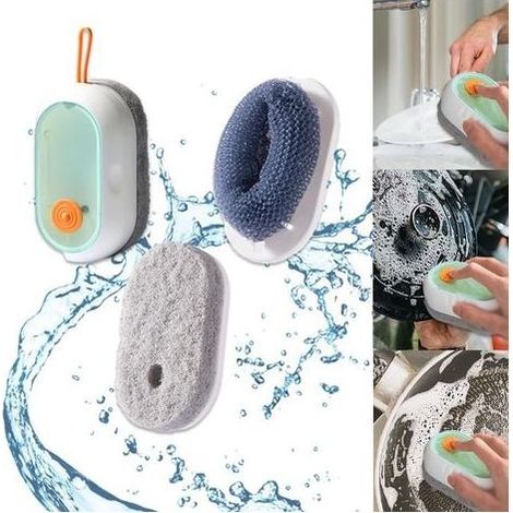 Brosse Vaisselle avec Reservoir, Brosse Vaisselle avec 3 Têtes de Brosse, Brosse Menage Blanche 126.52.5 cm, Avec 2 Têtes de Brosse en Nylon et 1 en TPR, pour Vaisselle, Casseroles, Eviers (1/5)