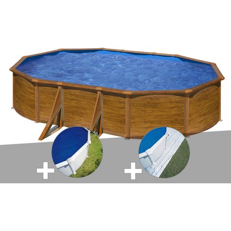 Kit piscine acier aspect bois Gré Pacific ovale 6,34 x 3,99 x 1,22 m + Bâche à bulles + Tapis de sol