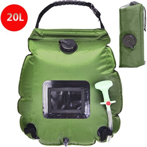 Sac de douche à chauffage solaire, sac de douche de camping portable avec pommeau de douche à interrupteur, sac de baignoire pliant extérieur avec tuyau amovible (vert)