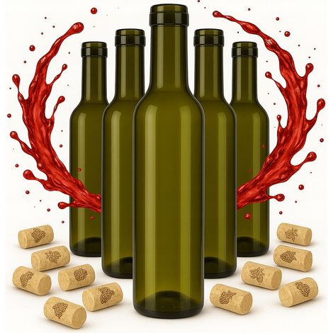 5 bottiglie di vetro da 375 ml in vetro scuro per olio, aceto, sciroppo, vino, alcol