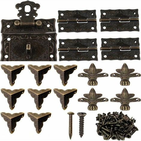 1 pcs Fermoir Boite Verrou Décoratifs Antiques 8 pièces Coin Décoratif Protection Couverture 4 pcs Charnière en Métal 4 pcs Pied D’angle Décoratifpour boîte à bijoux en bois bronze