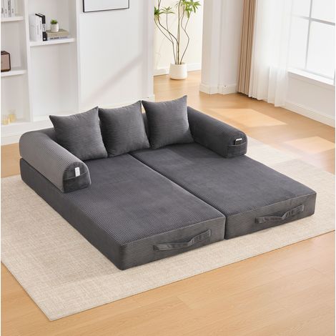 Canapé modulable en velours côtelé gris foncé, structure métal, 3 coussins OKWISH (1/5)