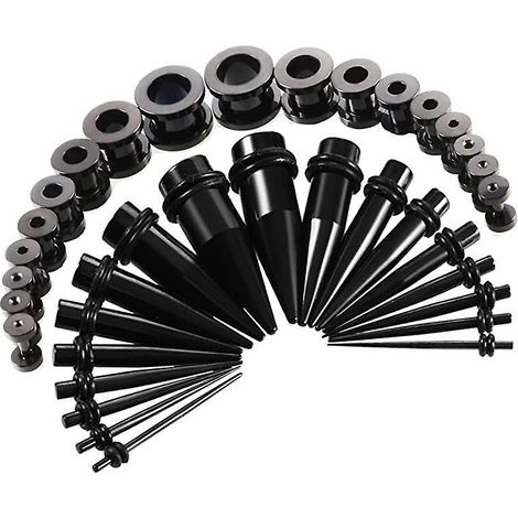Set mit 36 dehnbaren Ohrstöpseln (Schwarz), Metall, 18 dehnbare Ohrstöpsel + 18 Löcher, hautfarben, doppelt gewellt, Edelstahl, 1,6 mm – 10 mm (1/5)