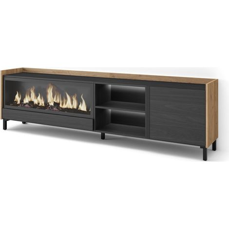 Skraut Home - Mueble TV, Televisión, Muebles de salón, almacenaje, 212x35x61cm, Para TV hasta 80", Chimenea eléctrica XXL, Diseño industrial, LED, Estilo Moderno, Negro y roble (1/5)
