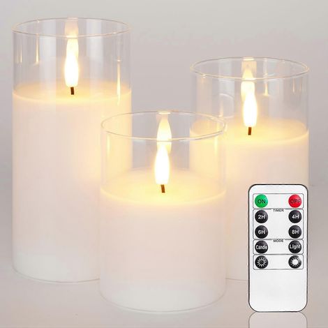 Lot de 3 Bougies LED Sans Flamme en Verre Transparent, Cire Blanche Pure, Bougies Colonne à Piles avec Télécommande (1/5)