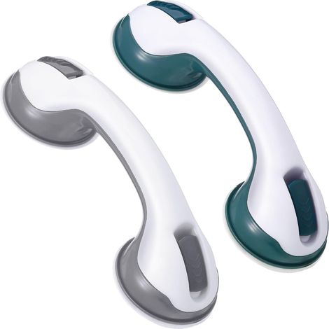 Set di 2 maniglie a ventosa, sicure grazie alla forte aspirazione. Possono essere utilizzate come maniglie di sicurezza per vasche da bagno (per anziani) (verde e grigio). (1/5)