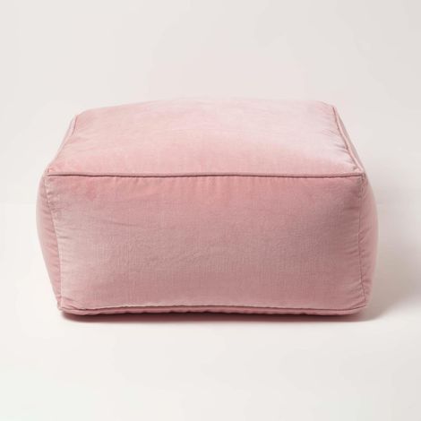 HOMESCAPES Blush Pink Velvet Pouffe Bean Cube
