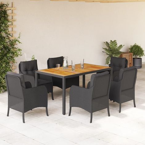Ensemble repas de jardin 7 pièces, 6 chaises en résine tressée noire avec coussins, 66.2kg - PANGIVO (1/5)