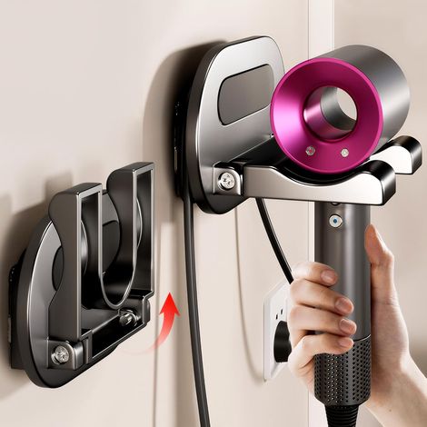 Support Seche Cheveux Aluminium Aéronautique, Porte Seche Cheveux Mural Sans Percage, Titulaires de Sèche-Cheveux Adhesif(Noir) (1/5)