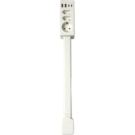 Regleta retráctil con 3 enchufes europeos + 2 puertos USB, 20 W (USB-A y USB-C), extensible de 47 a 67 cm, rotación de 180°, ideal para sofá, escritorio o mesita de noche.