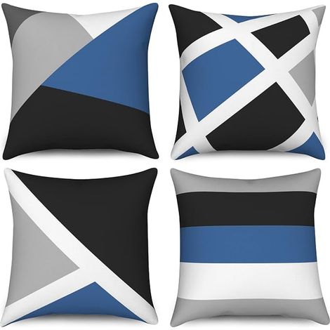 Cushion Cover, Blue 40 x 40 cm, Grey and Black, Modern Abstract Stripes Simple Geometric Decorative Linen Sofa Bed Garden Outdoor Home Decor (1/4)
