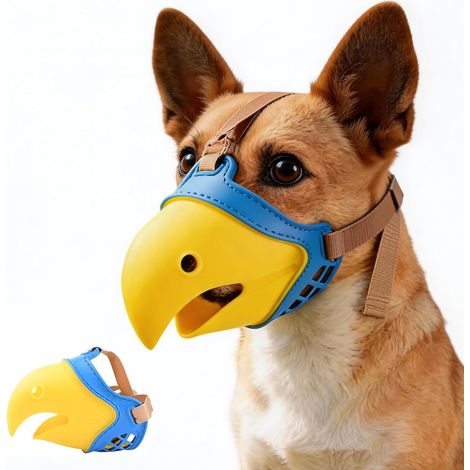Weicher, atmungsaktiver Hundemaulkorb im Papageienstil, verstellbare Anti-Beiß- und Leck-Kontrollmaske (Gelb & Blau) (1/4)