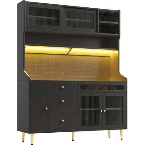 ELVMI Buffet Haut avec Portes Coulissantes, Tiroir, Etagères Réglables et LED, pour Cuisine ou Salon, 145 x 39 x 171 cm, Noir (1/5)