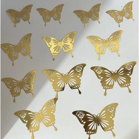 Stickers muraux papillons 3D - - 48 pièces - Dorés - Adhésif repositionnable - Décorations d'anniversaire (1/5)